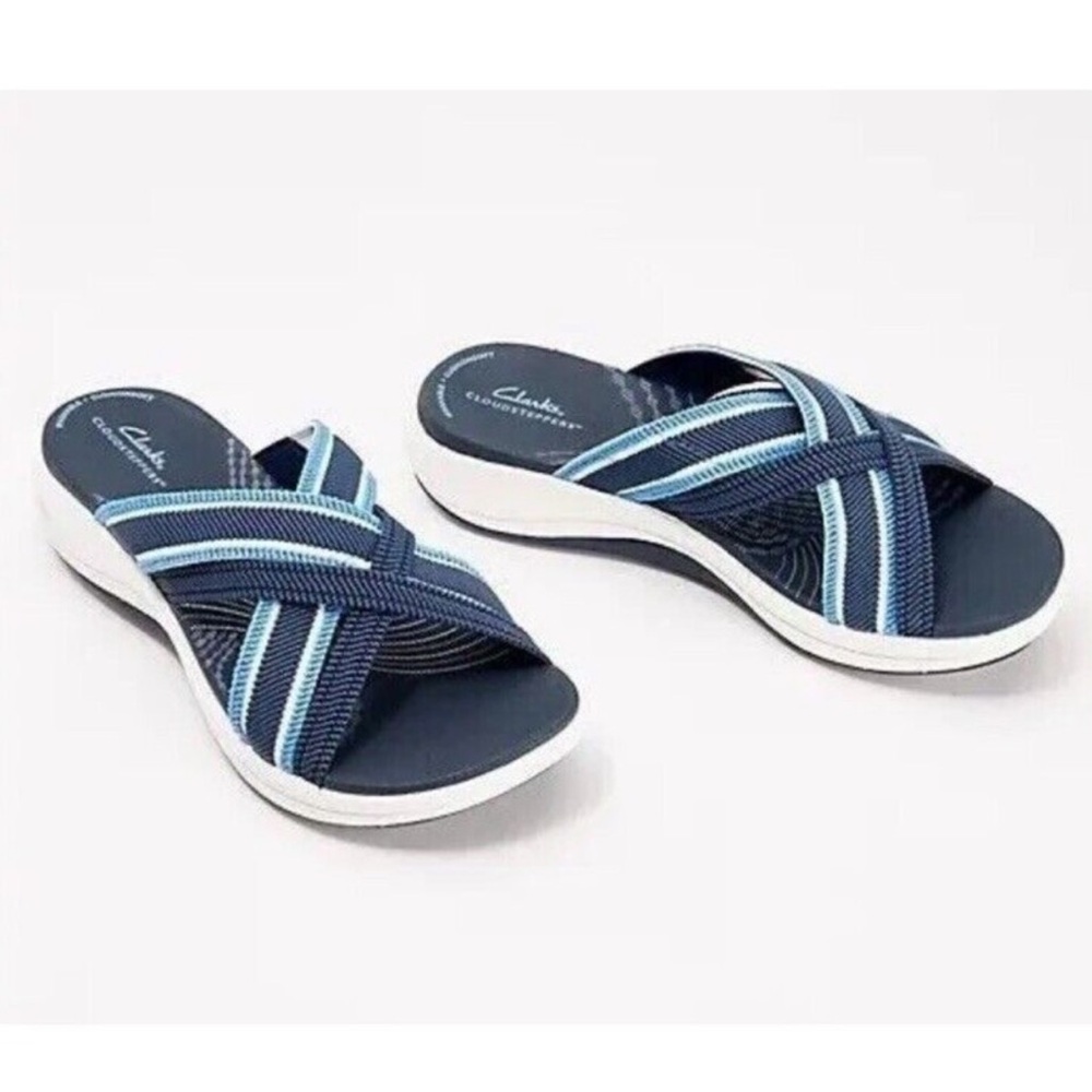 Clarks Cloudsteppers Mira Isle Comfort Slip On Elastic Strap Sandals Blue Sz 7.5